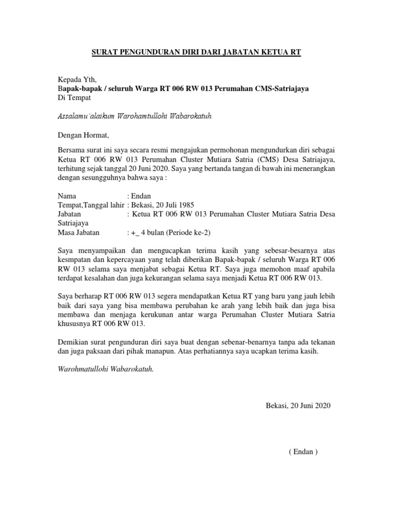 Surat Pengunduran Diri Dari Jabatan Ketua RT To Warga2 | PDF