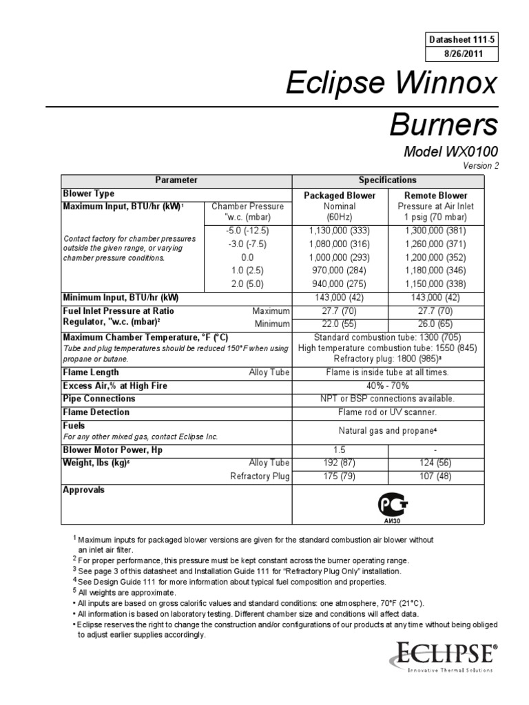 Eclipse Winnox Burners Model WX0100 PDF Combustion N Ox