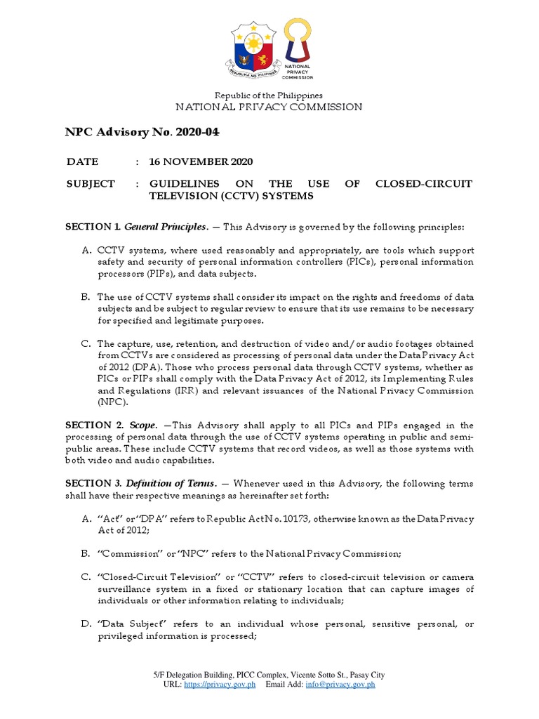 CCTV Guidelines by NPC Advisory 2020-04 | PDF | Closed Circuit ...