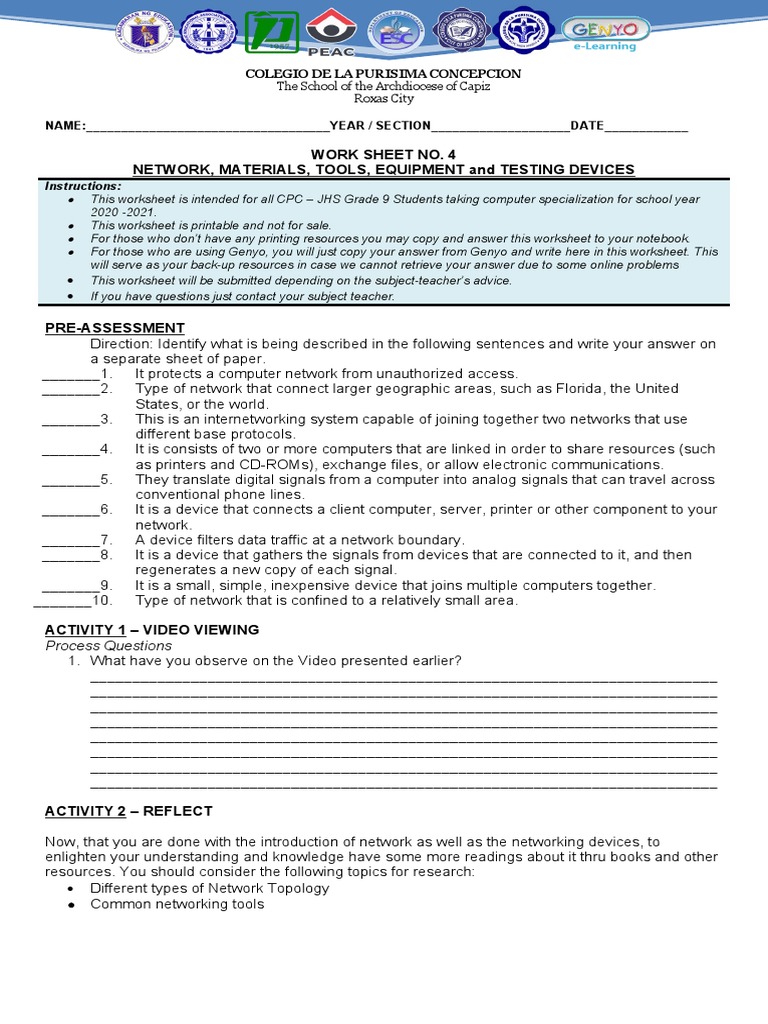 Work Sheet No. 4 Network, Materials, Tools, Equipment and Testing ...