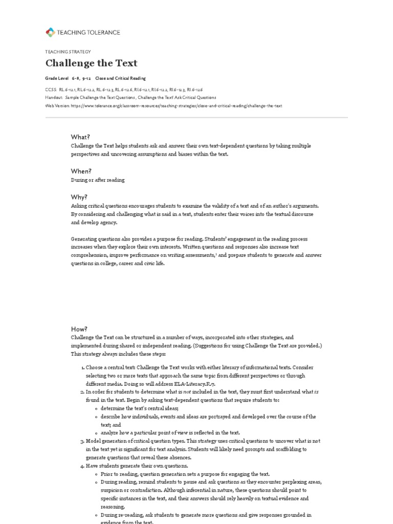 Challenging The Text | PDF | Question | Cognition