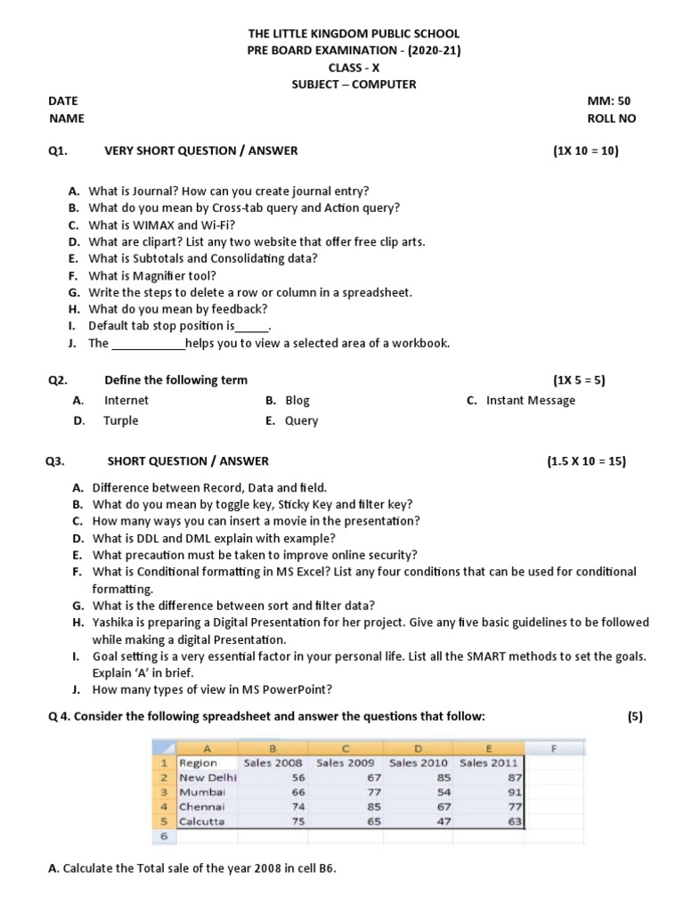 Class X Computer Pre-Board Exam 2021 | PDF | Microsoft Excel | Computer ...