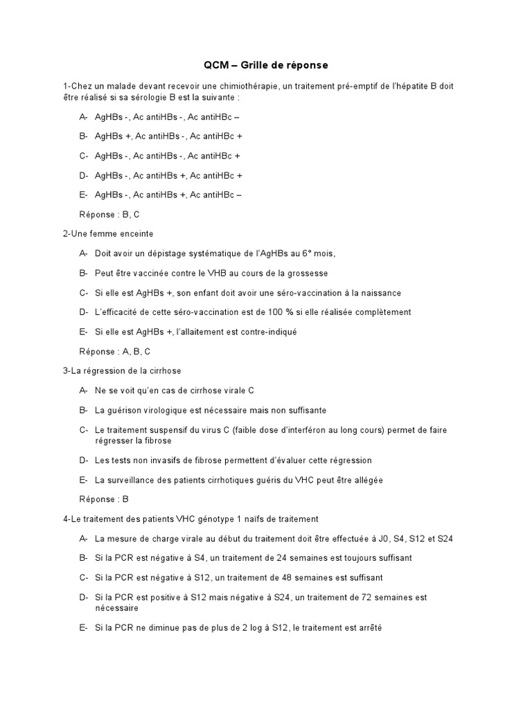 QCM - Grille de Réponse | PDF | Hépatite B | Hépatite C