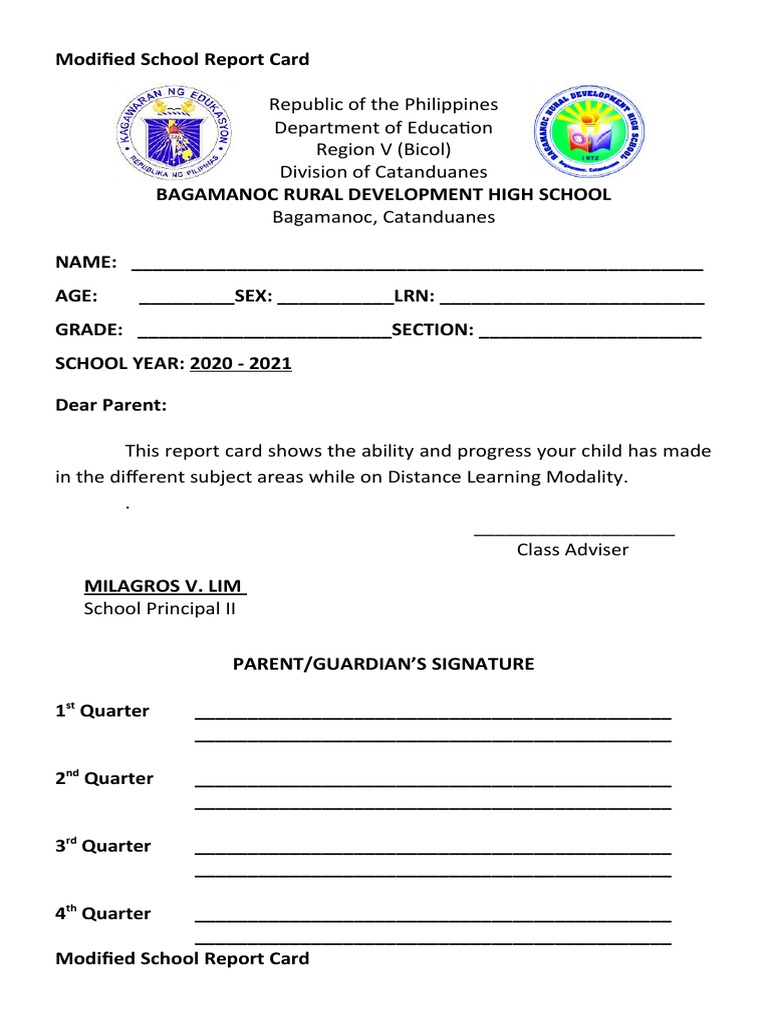 Modified School Report Card | PDF | Human Nature | Further Education