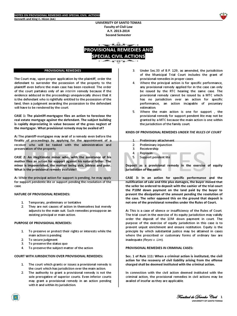 Hizon Notes Provisional Remedies and Special Civil Actions Legal Remedy Garnishment