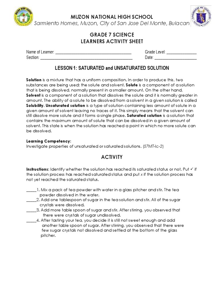 Module 4 - Activity Sheet | PDF | Solution | Solubility