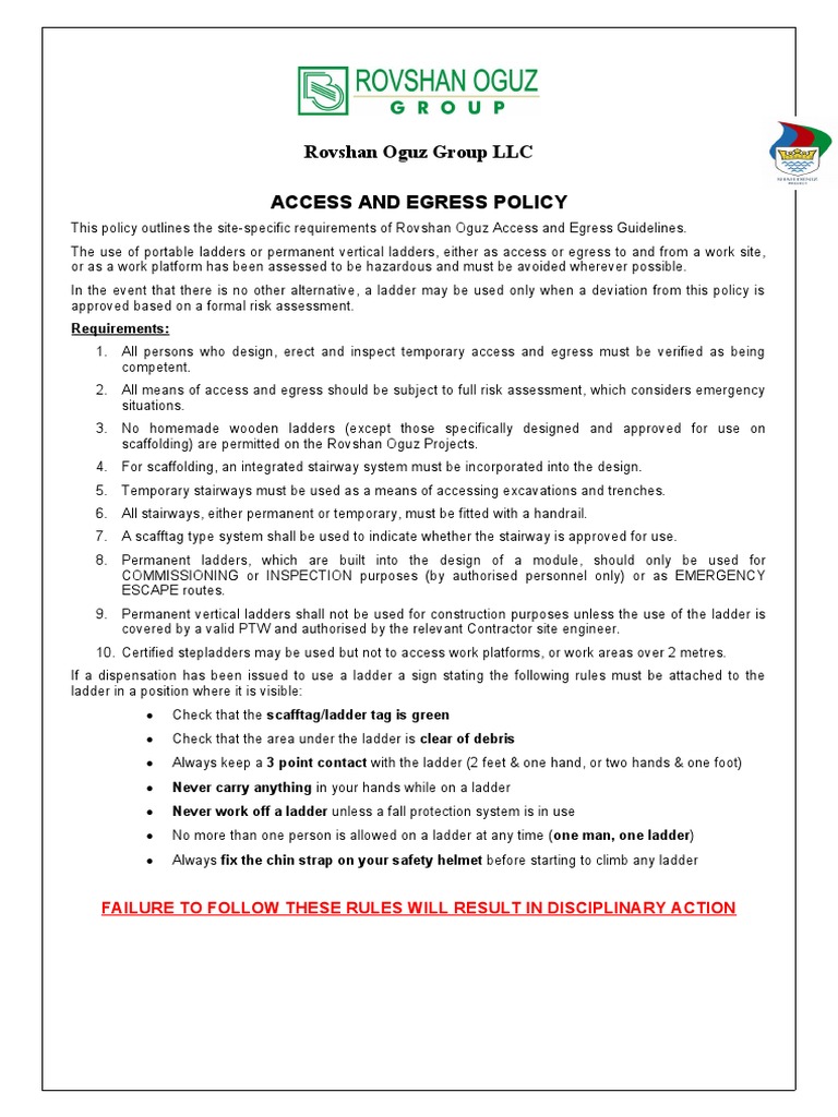 ROG-HSE-PLC-003, Access and Egress Policy | PDF | Ladder | Stairs
