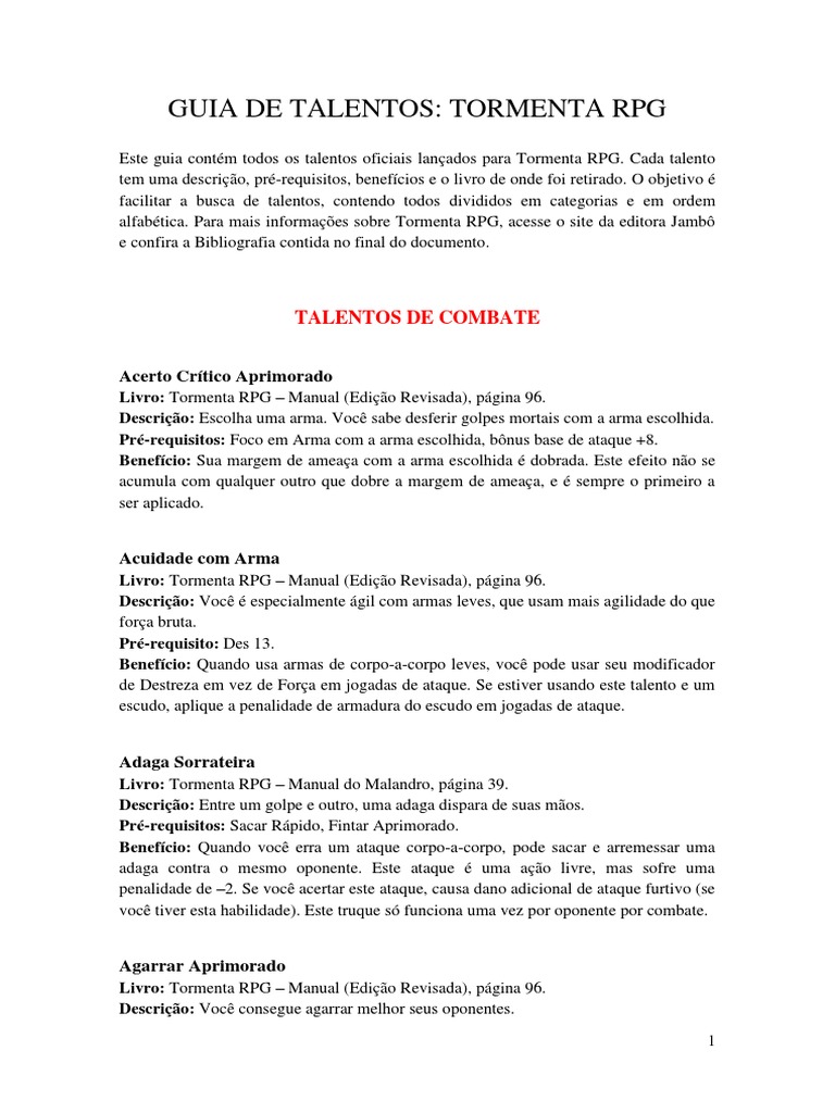 Guia Completo de Talentos Tormenta RPG | PDF | Jogos de RPG | Armas de fogo