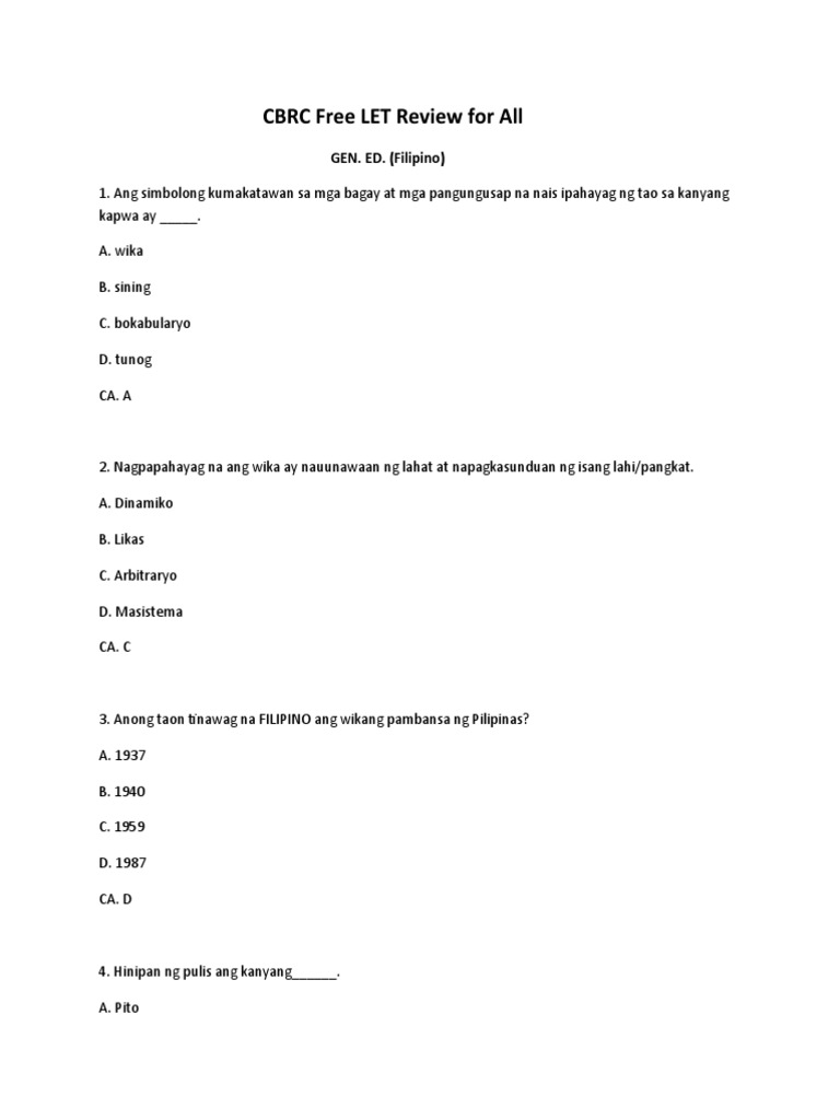 CBRC Free LET Review For All GEN. ED. Filipino | PDF