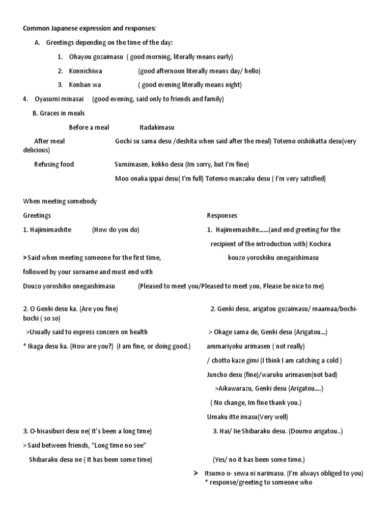 Common Japanese Expression And Responses Japanese Language Lexicology
