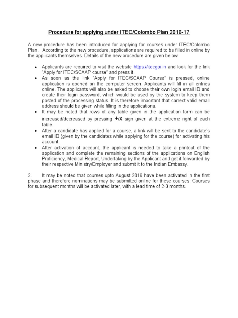Procedure For Applying Under ITEC and Colombo Plan 2016 17 | PDF