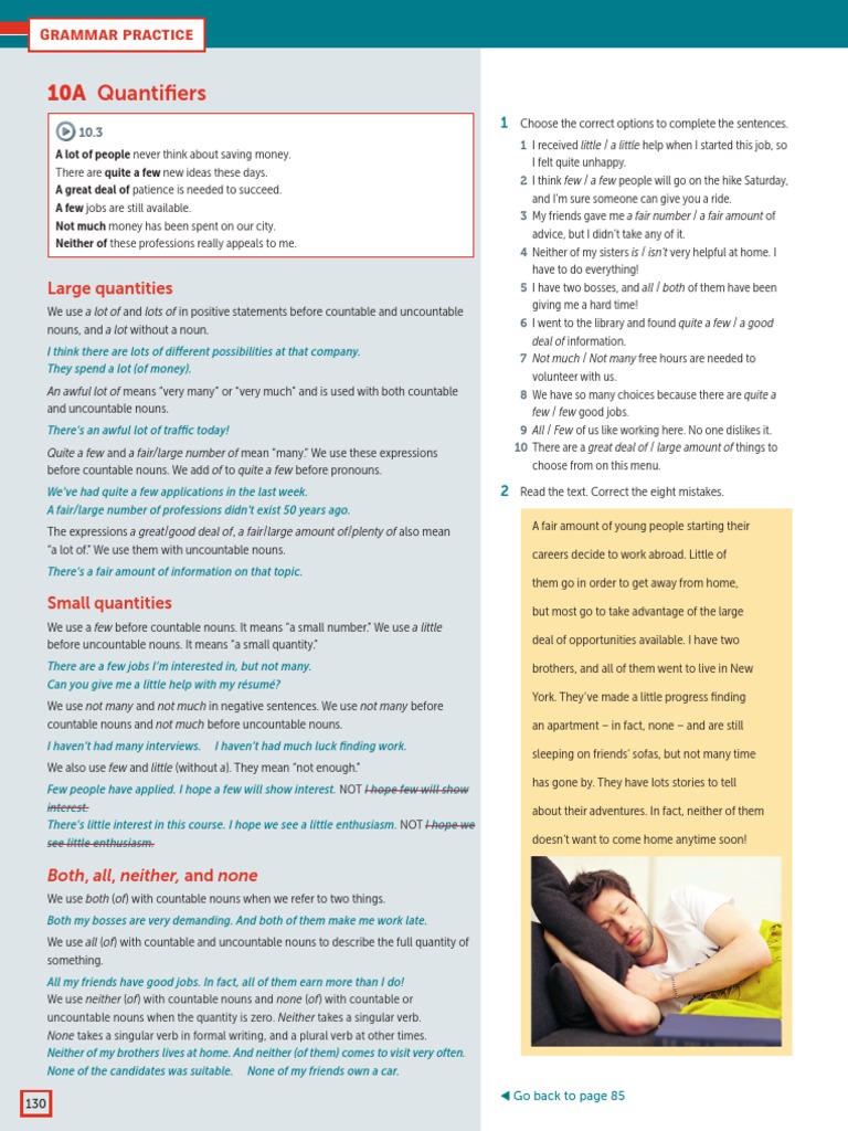 10A Quantifiers: Large Quantities | PDF | Grammatical Number | Noun