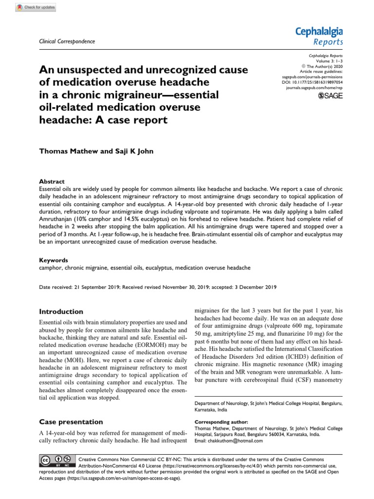 Essential Oils and Medication Overuse Headache | PDF | Headache | Migraine