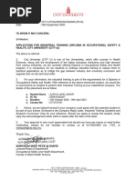 Application For Industrial Training (Diploma in Occupational Safety & Health, City University (City U) )