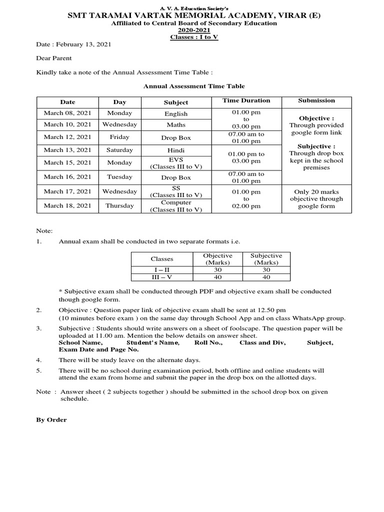 Annual Assessment Time Table - Classes I To V | PDF | Educational ...