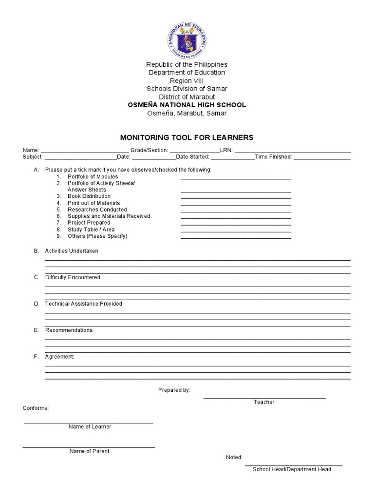 Learner Monitoring Tool Template | PDF | Teaching And Learning ...