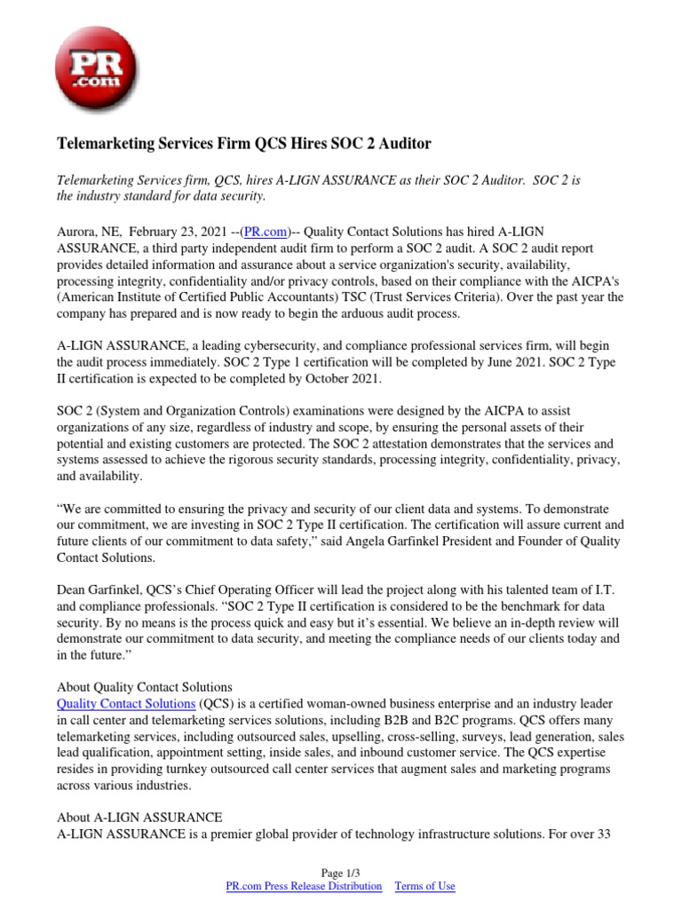 Telemarketing Services Firm Qcs Hires Soc 2 Auditor Pdf Audit Sales
