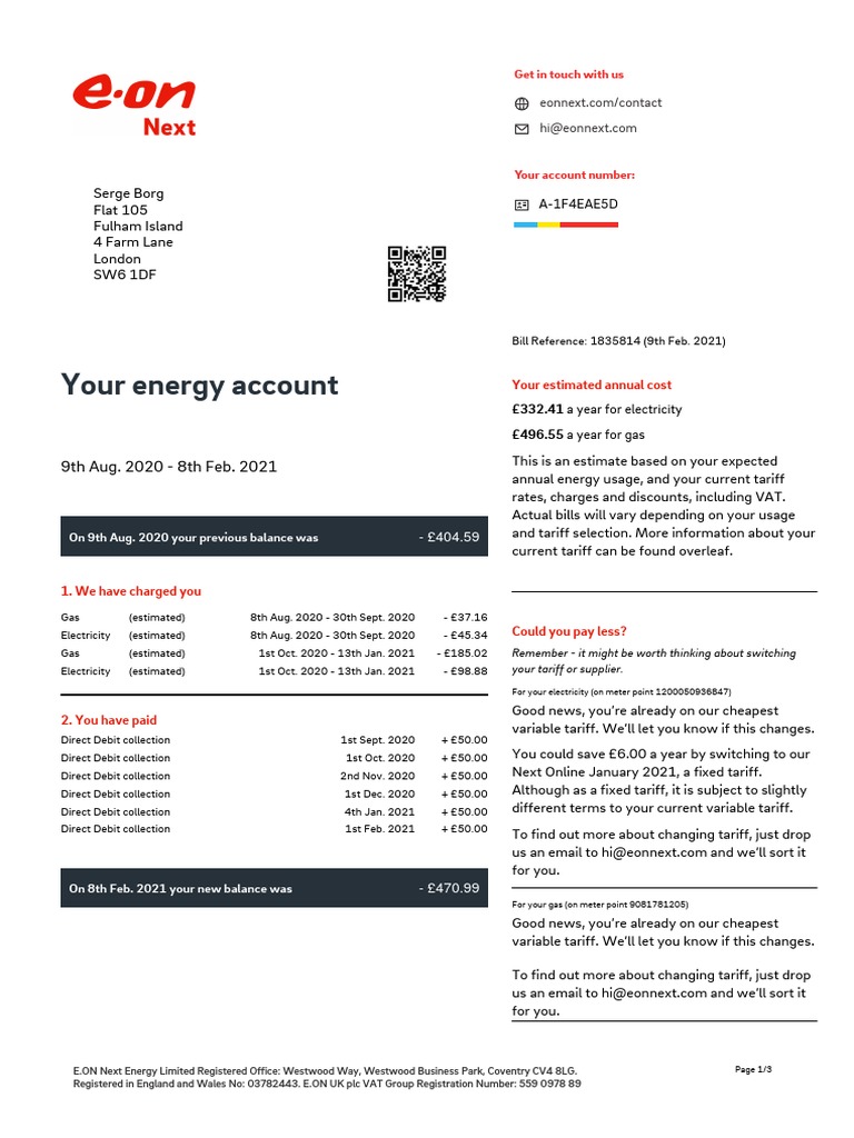 E.ON Next Bill Summary and Contact Info | PDF | Value Added Tax | Tariff