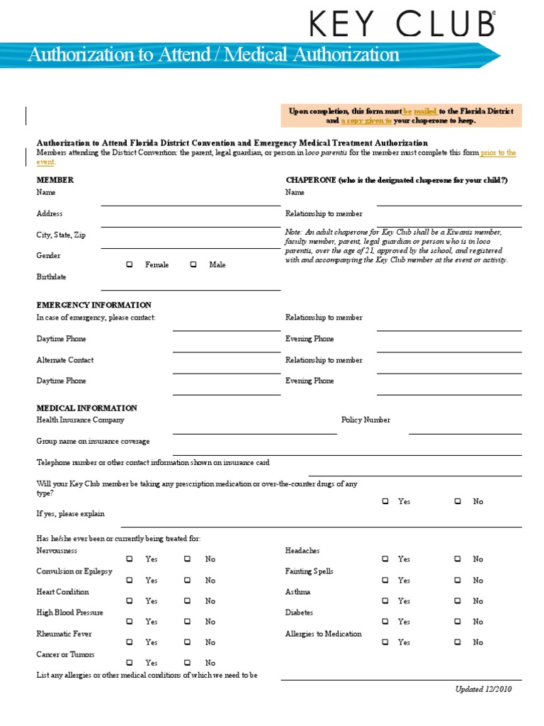 Florida Key Club Convention Authorization Form | PDF | Legal Liability ...
