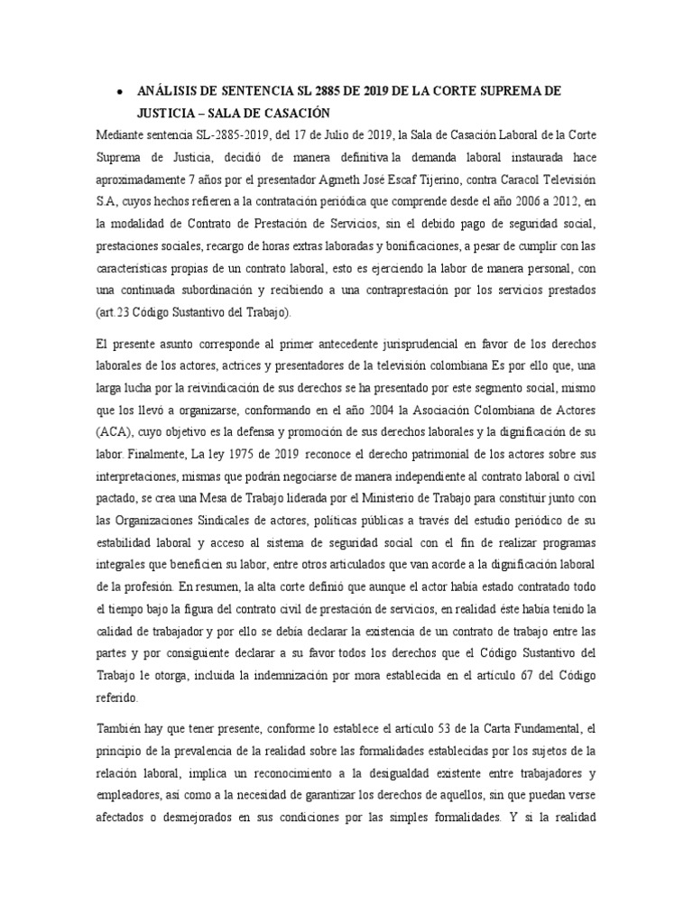 Análisis de Sentencia SL 2885 de 2019 de La Corte Suprema de Justicia
