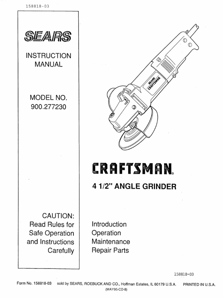 Craftsman 4.5In. Angle Grinder 927726 Model 900.277230 Instruction