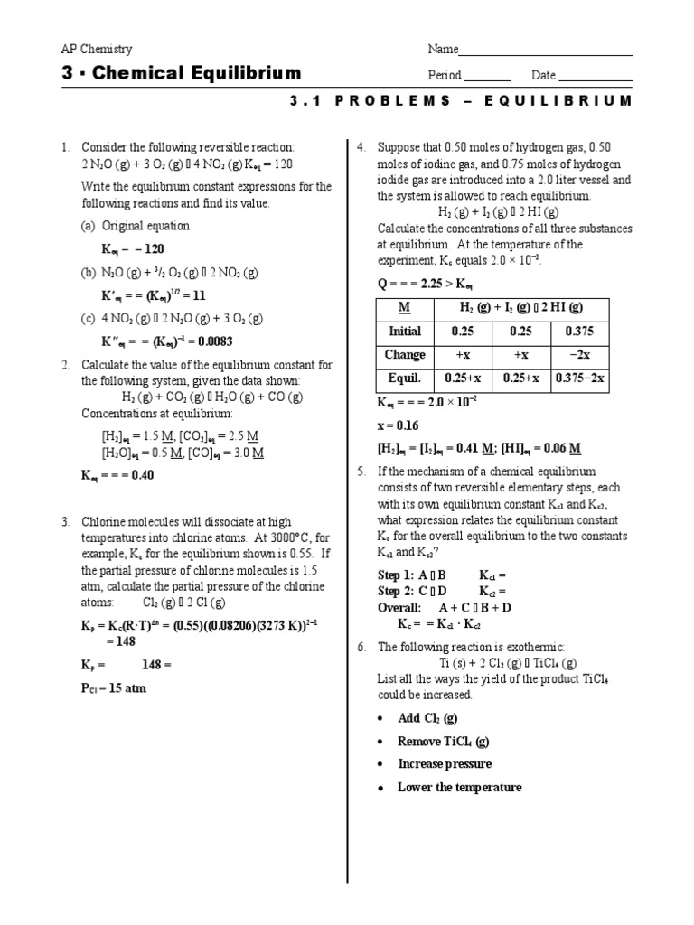 AP Chemistry: Equilibrium Problems | PDF | Chemical Equilibrium | Chlorine
