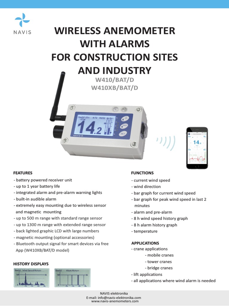 W410 BAT Wireless Anemometer With Alarms PDF Antenna (Radio