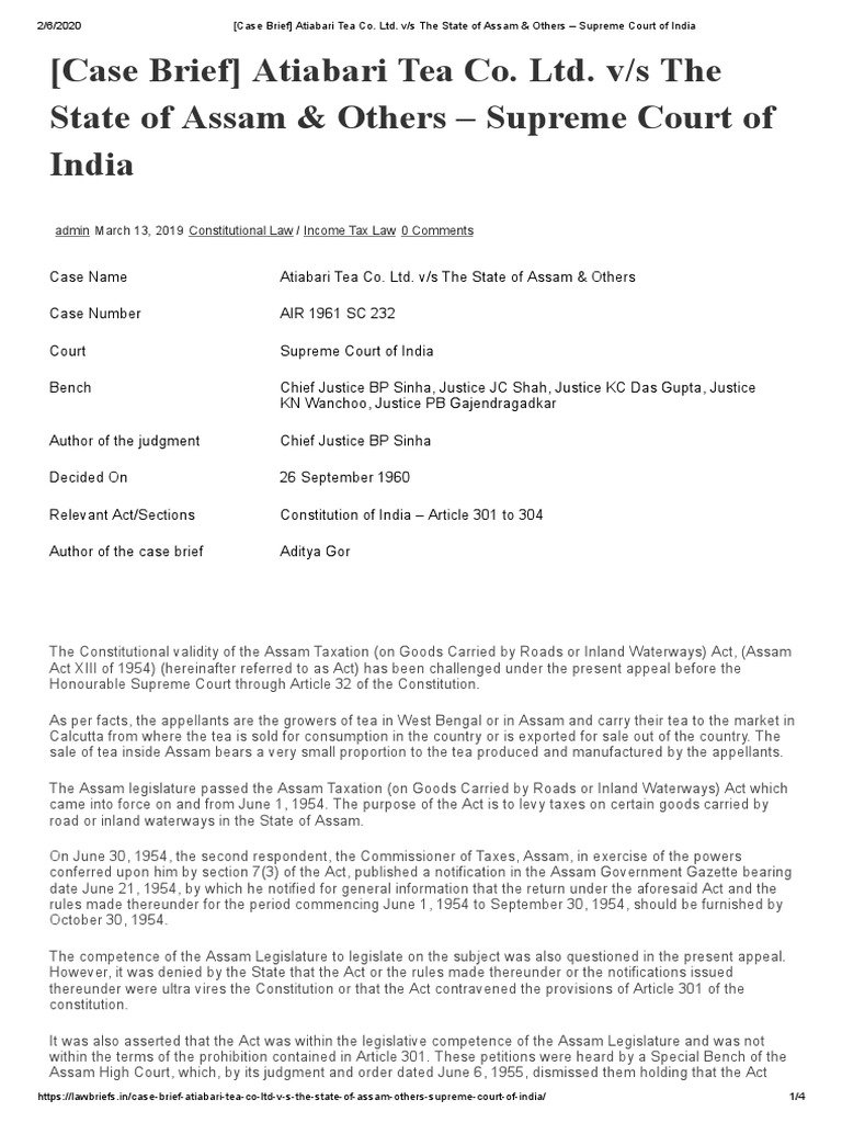 Atiabari Tea Co. v. State of Assam Case | PDF | U.S. State | Supreme ...