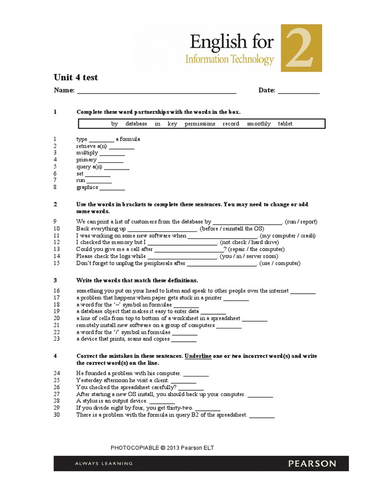Unit 4 Ve It2 Test Pdf Teaching Methods Materials