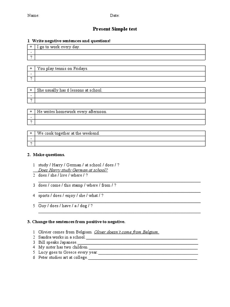 Present Simple Test: 1 Write Negative Sentences and Questions! | PDF ...