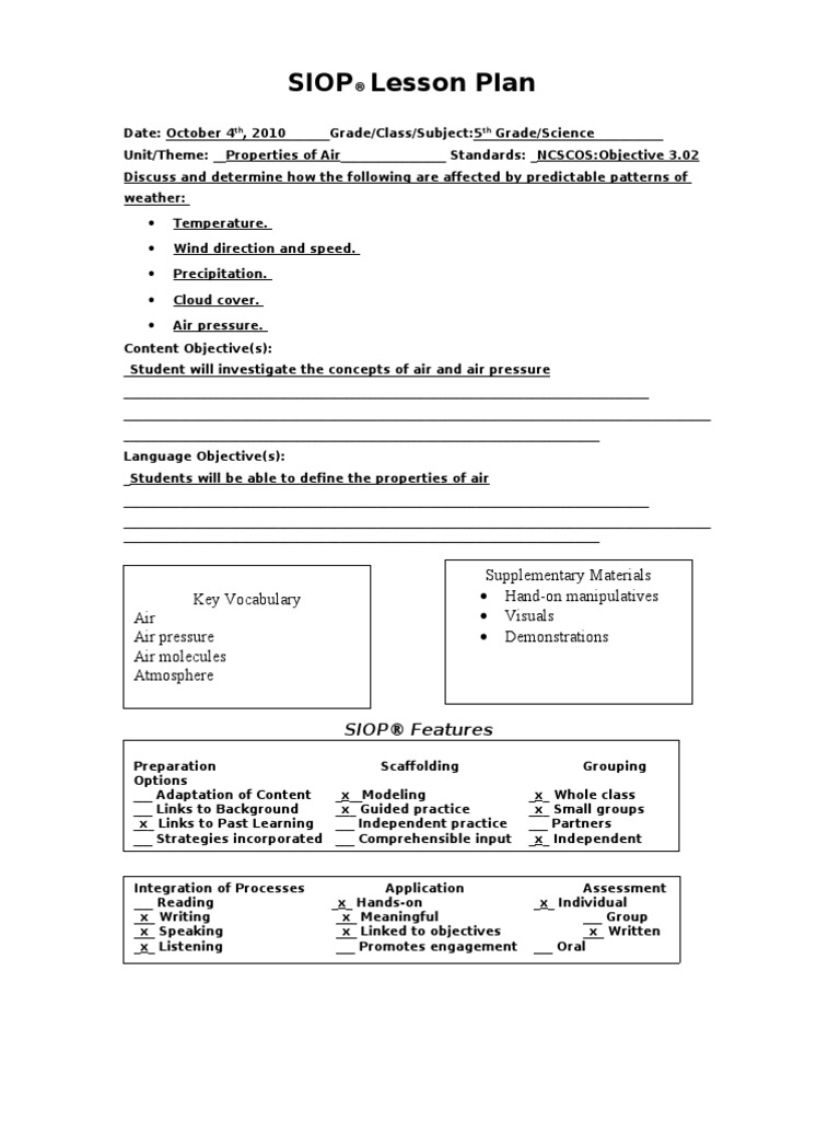 Siop - Science Lesson Plan 5th Grade | PDF | Atmosphere Of Earth | Balloon