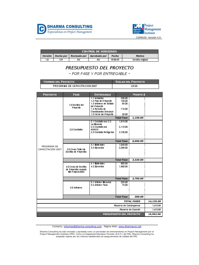Ejemplo de Presupuesto de Proyecto | PDF | Proyectos | Gestión de proyectos