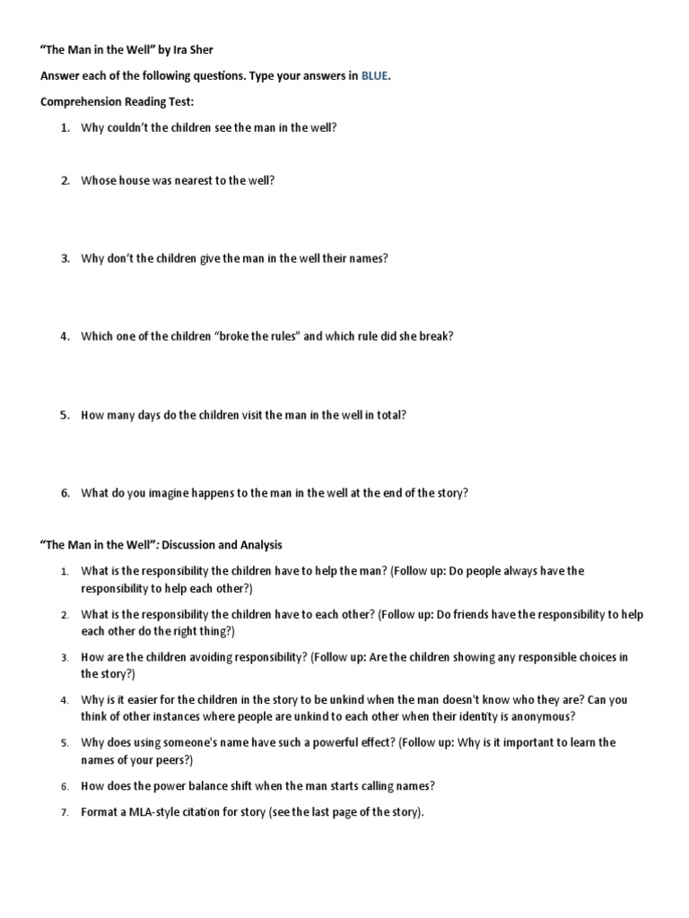 The Man in The Well Discussion Questions PDF