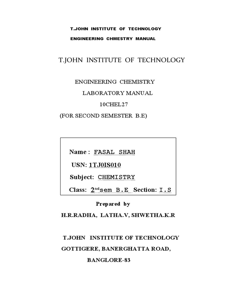 Engineering Chemistry Lab Manual | PDF | Technology & Engineering