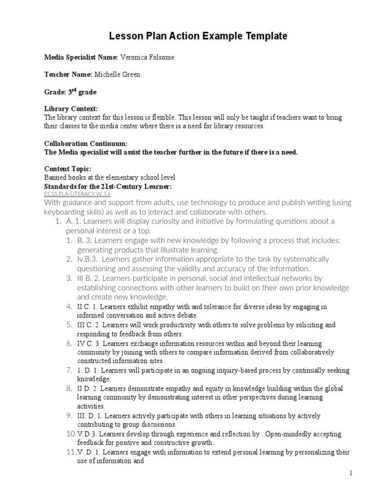 Lesson Plan Action Example Template: Ccss - Ela-Literacy.W.3.6 | PDF ...