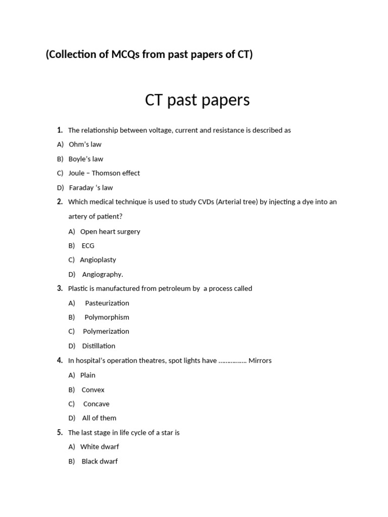 CT Test MCQs and Past Papers Collection | PDF | Capillary | Adverb