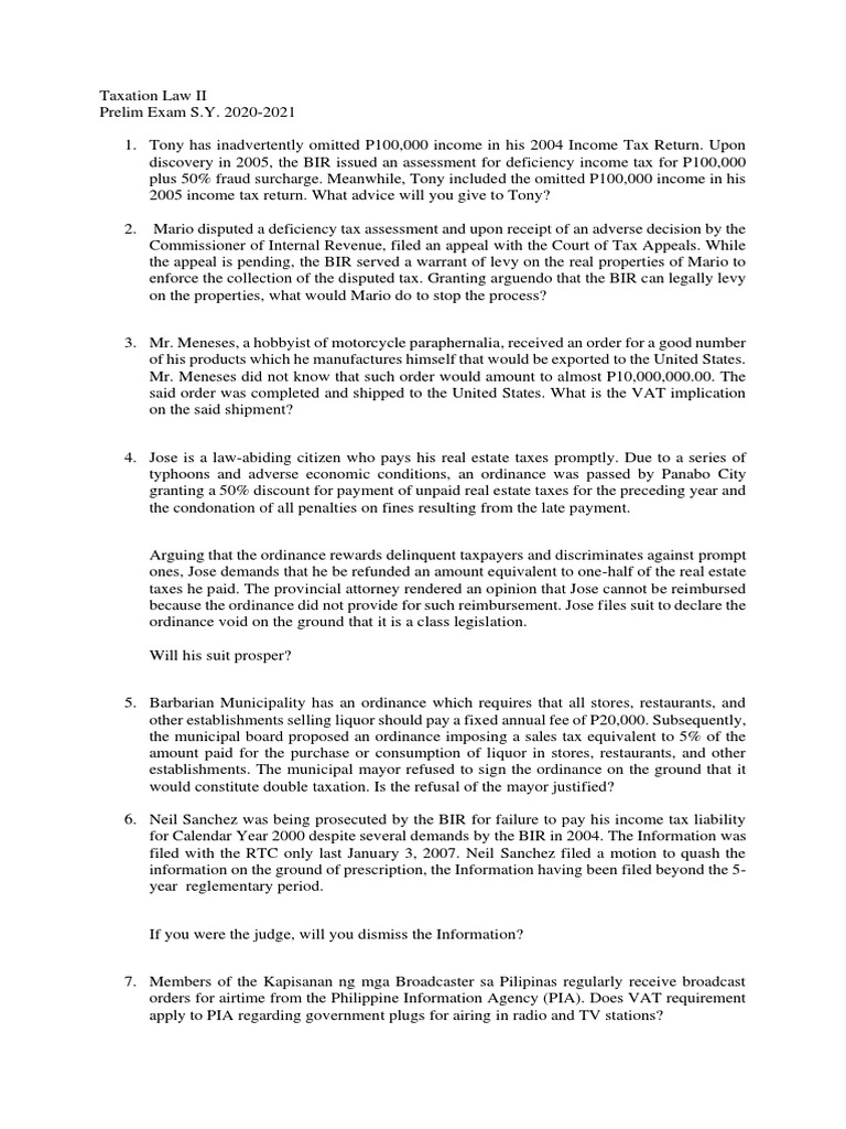 Taxation Law II Prelim Exam Questions | PDF | Value Added Tax | Taxes