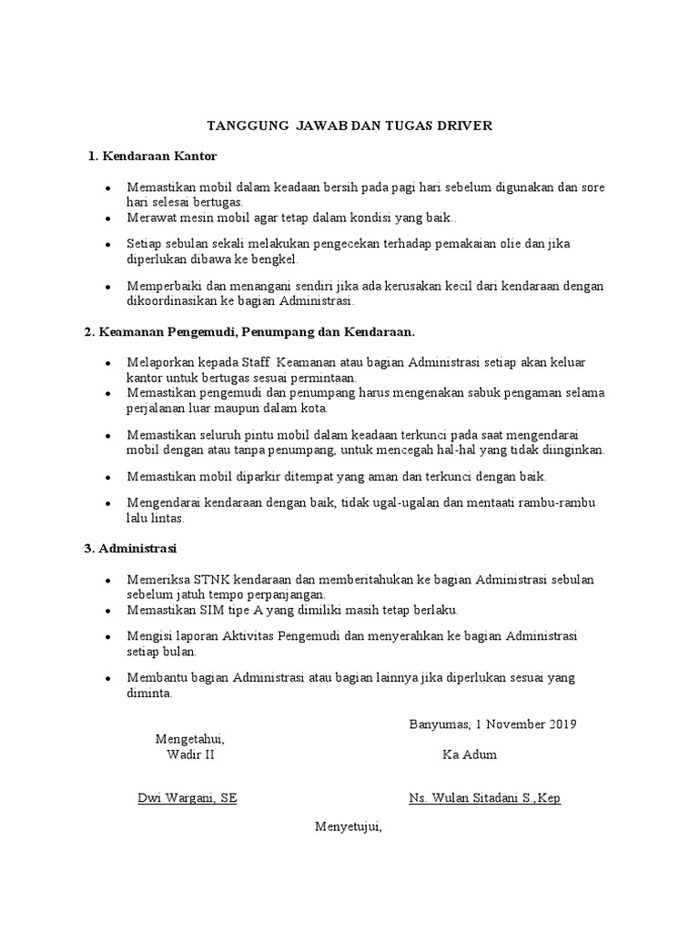 Tugas dan Tanggung Jawab Seorang Driver