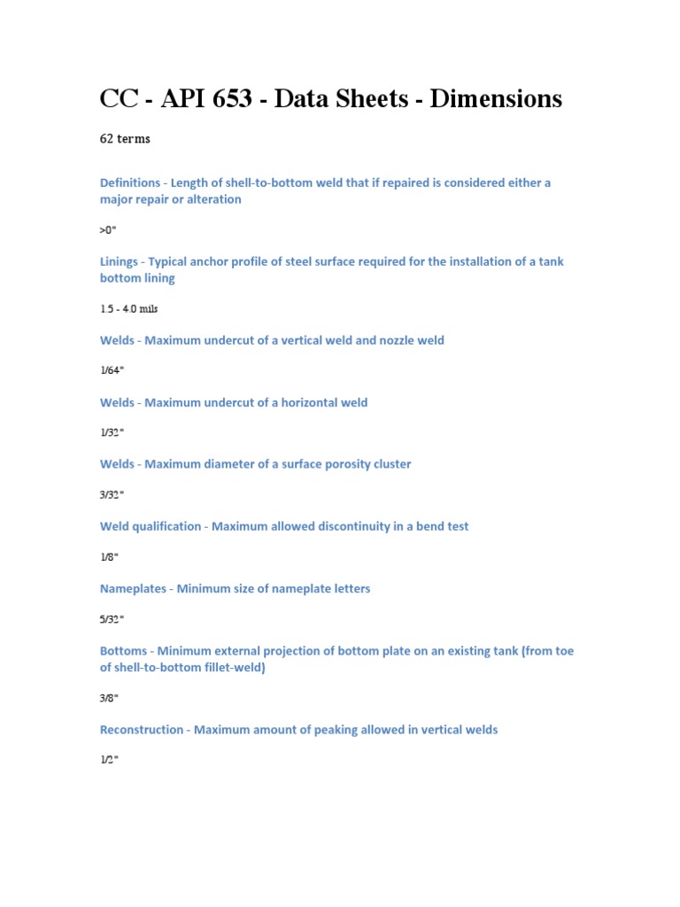 CC 653 API Data Sheets Overview | PDF | Welding | Construction