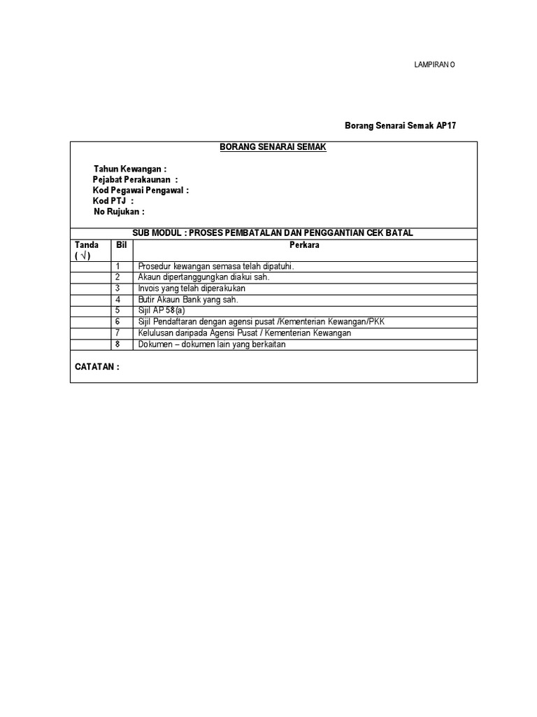 Borang Senarai Semak Ap17 Proses Pembatalan Dan Penggantian Cek Batal Pdf