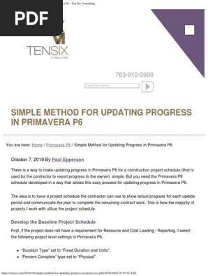 Simple Method for Updating Progress in Primavera P6 - Ten Six Consulting