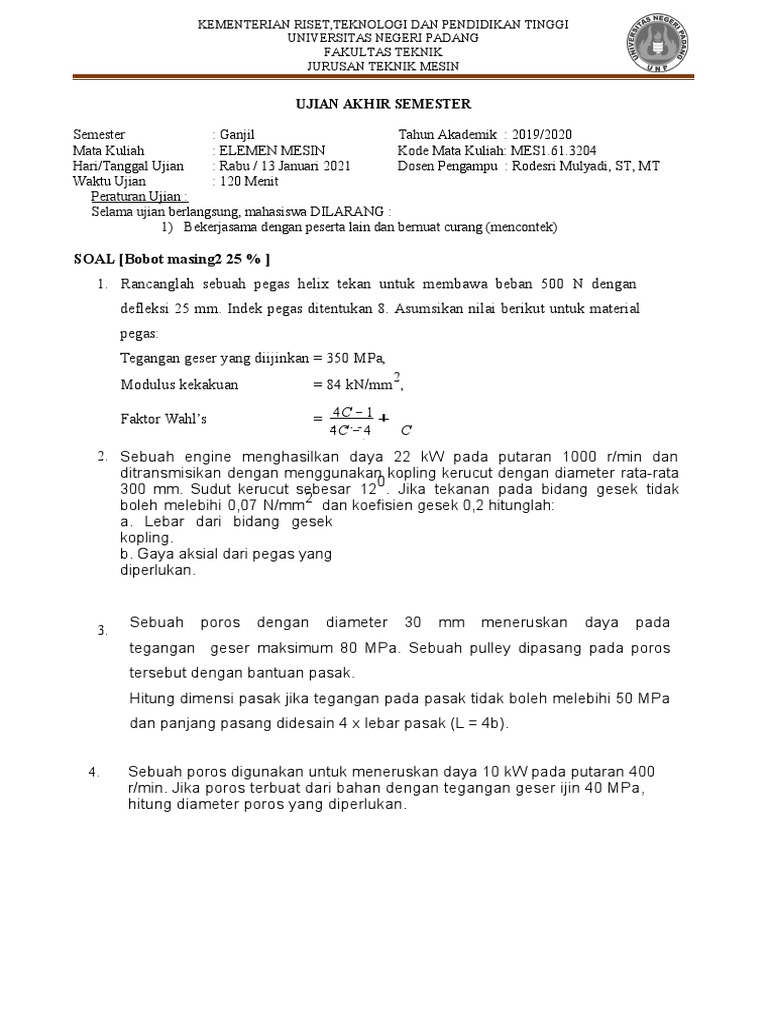 Ujian Akhir Elemen Mesin 2019 2020 Pdf