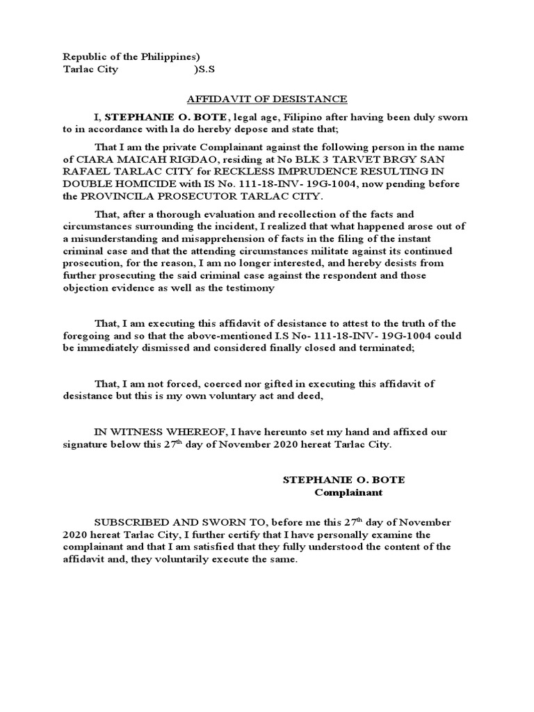 Affidavit of Desistance from Further Prosecution in the Case of