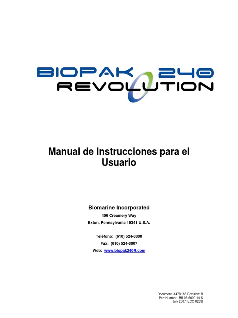 Equipo BIOPAK 240R MANUAL PARA EL USUARIO | PDF | Oxígeno | Temperatura