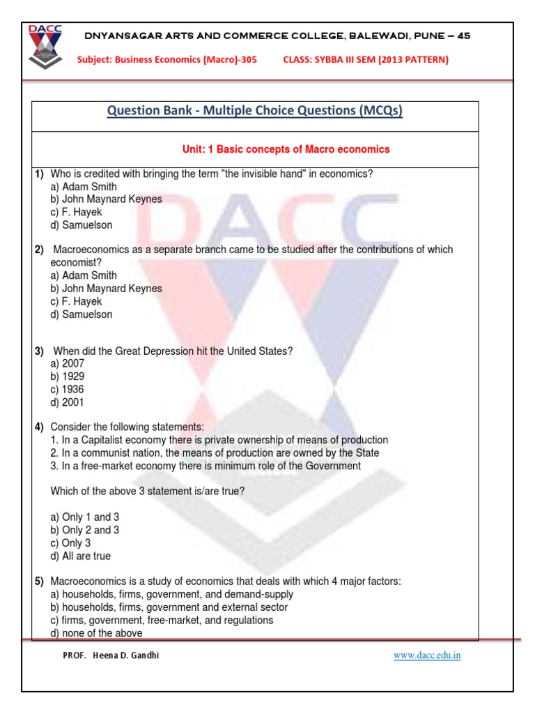 Question Bank Multiple Choice Questions (MCQS) PDF Macroeconomics