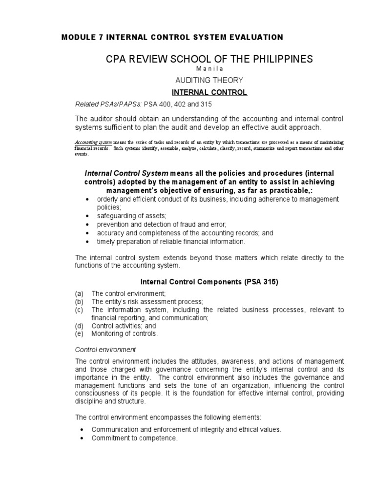 MODULE 7 - Internal Control System Evaluation QUIZZER | PDF | Internal ...