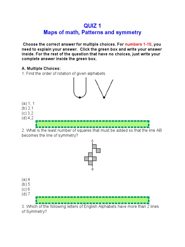Math Quiz on Symmetry and Patterns | PDF | Numbers | Mathematical Objects