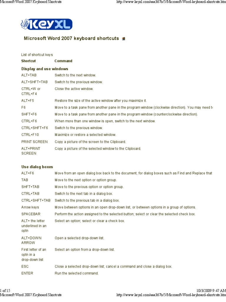 Microsoft Word 2007 Keyboard Shortcuts | PDF | Computer Keyboard ...