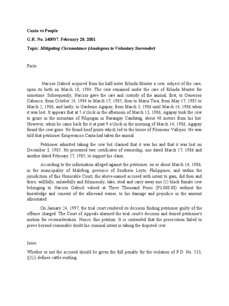 Canta v. People: Cattle Rustling Case | PDF | Sentence (Law) | Crime ...