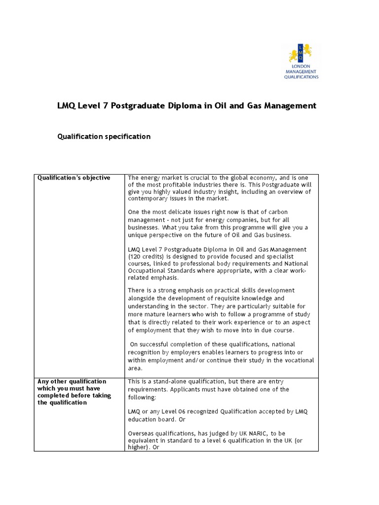 Lmq Level 7 Postgraduate Diploma In Oil And Gas Management